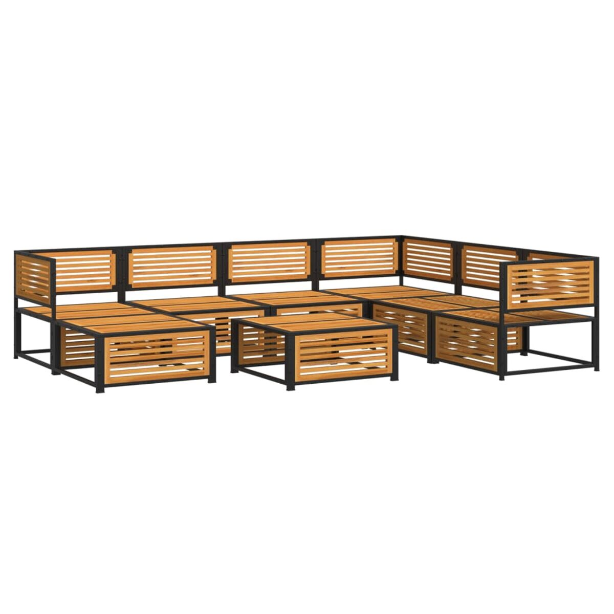 Holz-Außensofa mit schwarzem Rahmen. Es hat ein Lattenrost-Design und einen modernen Look.