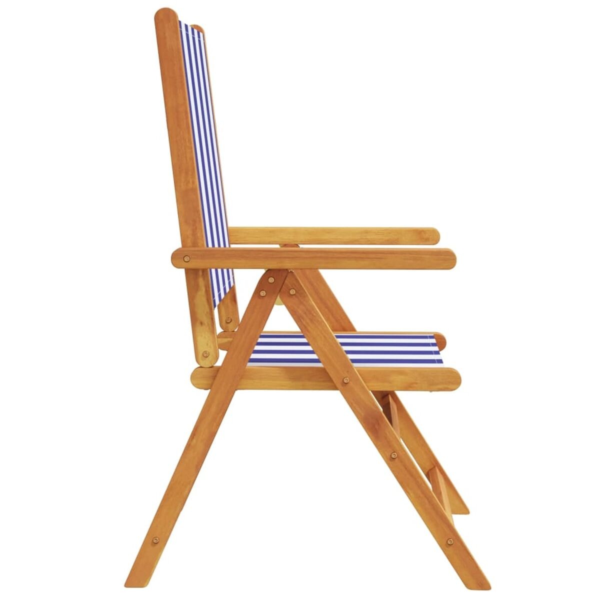 Una sedia da spiaggia in legno con tessuto a righe blu e bianche, vista di lato, che mostra il telaio e la seduta.