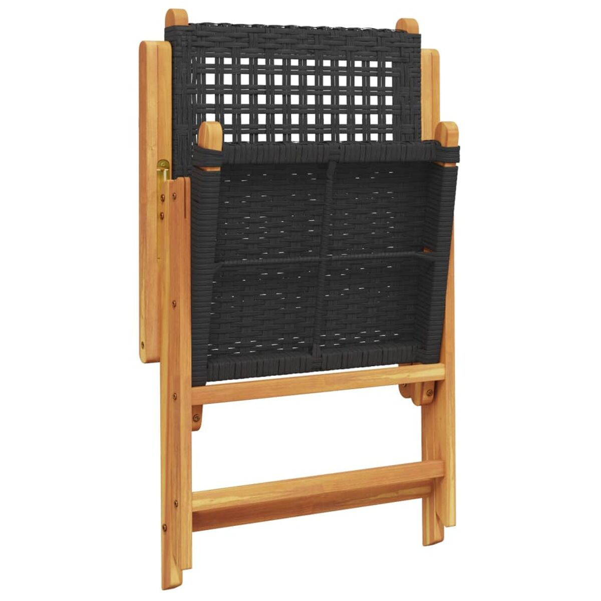 Klappstuhl aus Holz mit schwarzem, gewebtem Sitz und Rückenlehne. Der Stuhl ist zusammengeklappt.