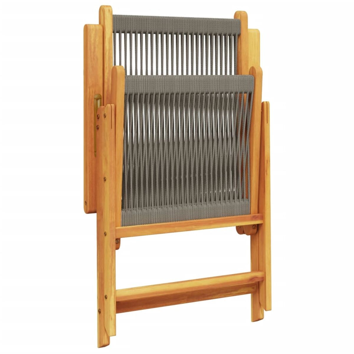 Sedia pieghevole in legno con seduta e schienale grigio intrecciato.