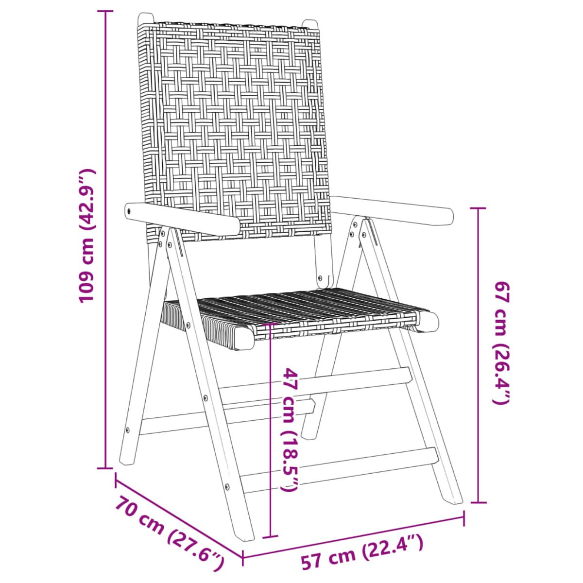 Diagramm eines Rattanstuhls mit Abmessungen in Zentimetern und Zoll.