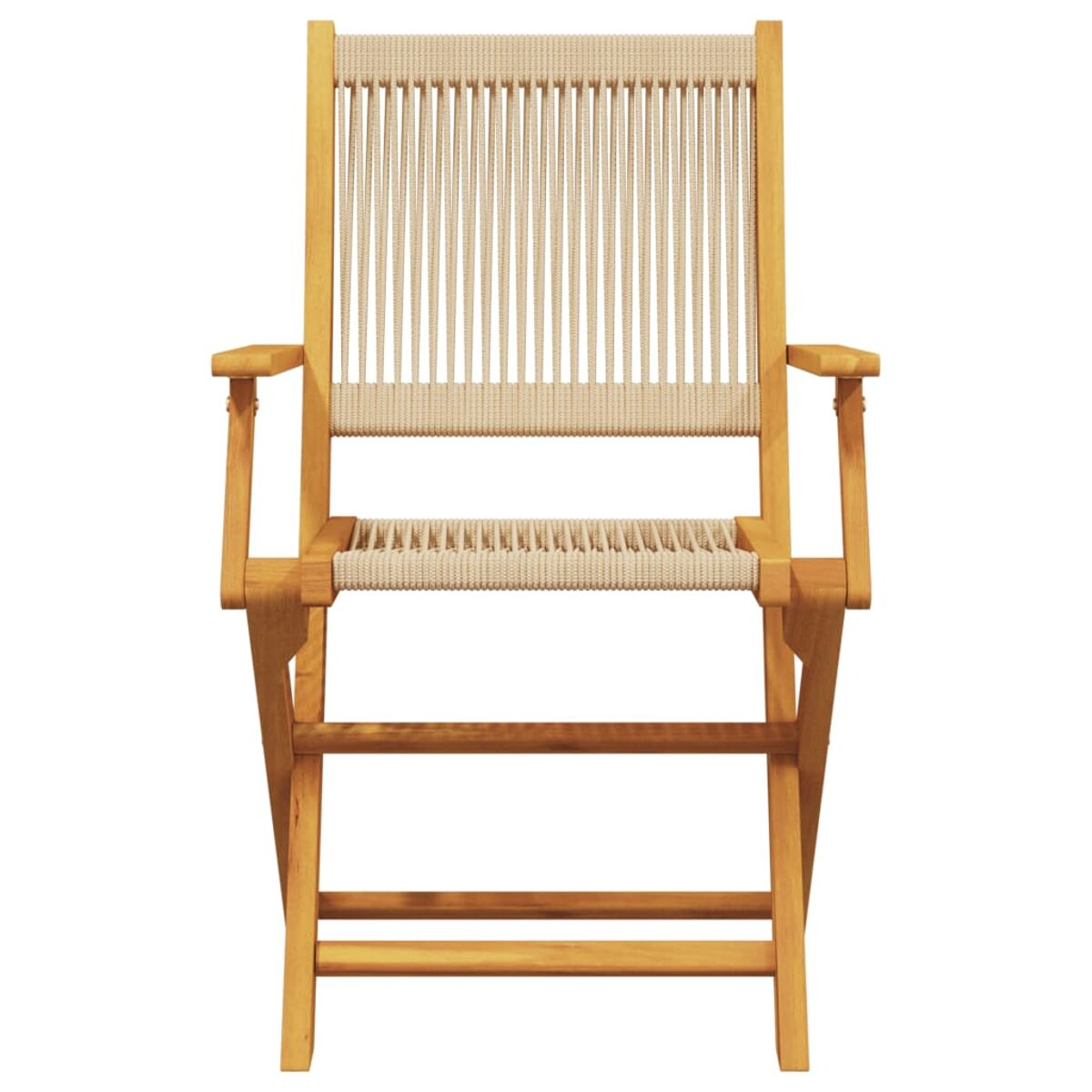 Holz-Outdoor-Stuhl mit beigem Seil-Sitz und -Rücken, Frontansicht.