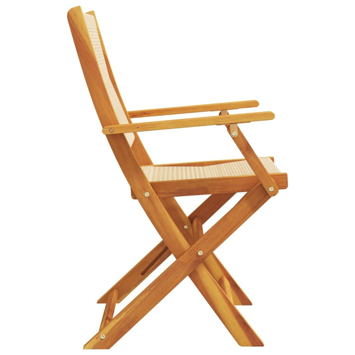 Ein Holzklappstuhl mit weißem Sitz und Rücken, Seitenansicht, auf weißem Hintergrund.