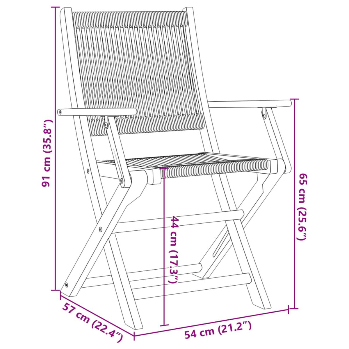 Diagramm eines Holzklappstuhls mit Abmessungen. Er ist geöffnet und zeigt Sitz und Rücken.
