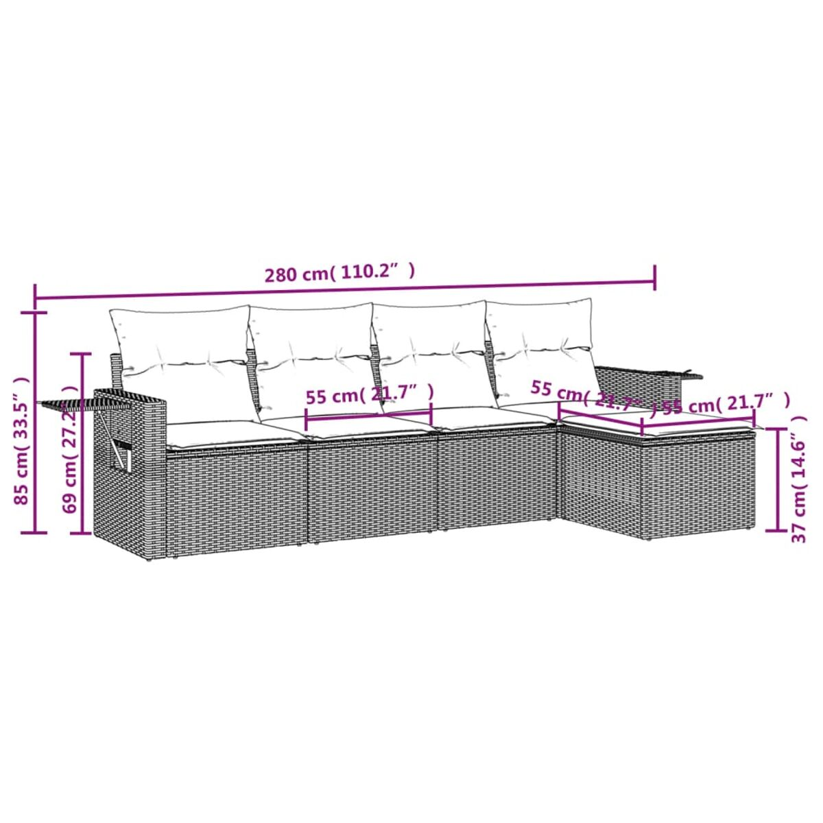 Weidensofa-Set mit Maßen. Enthält drei Sitzbereiche und einen Beistelltisch.