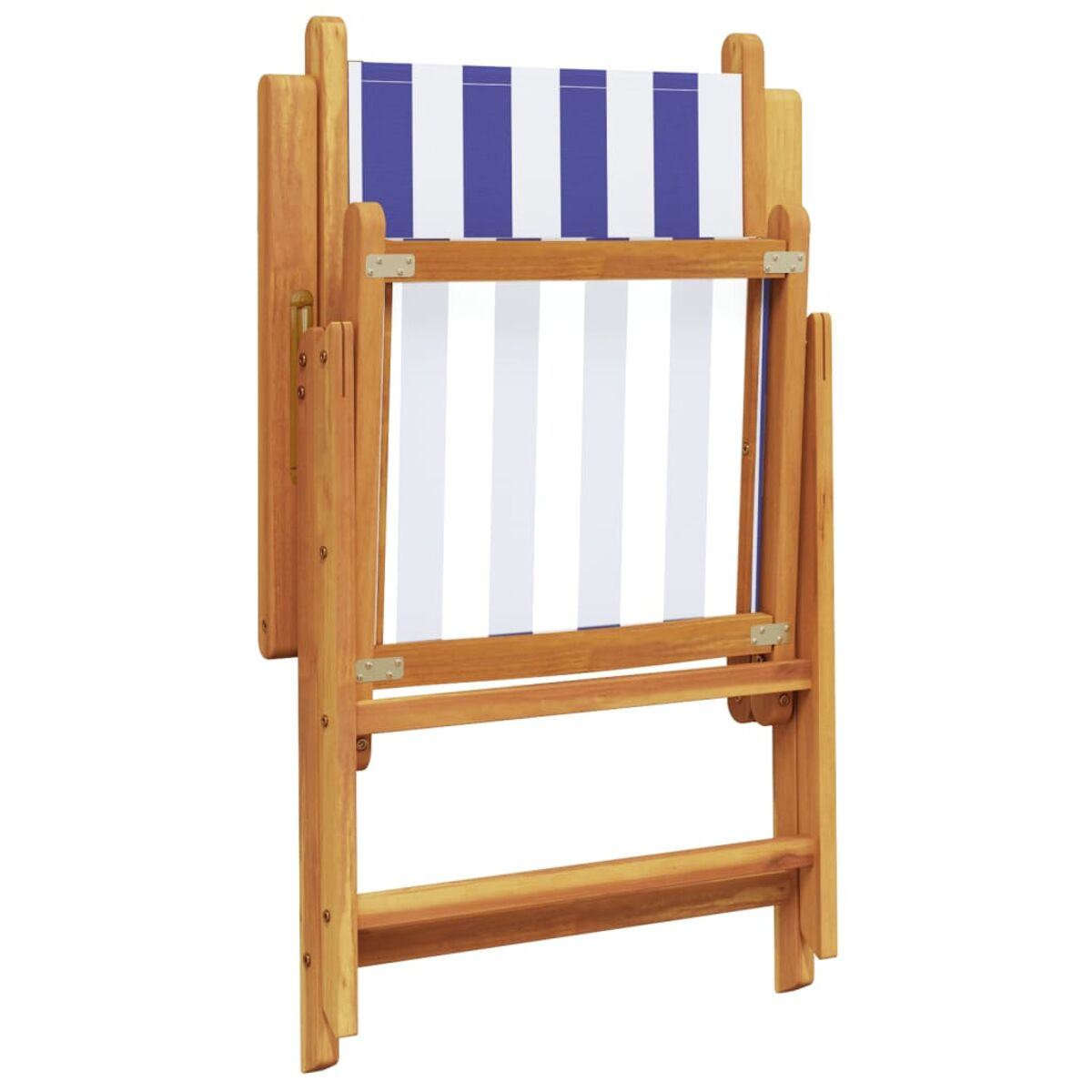 Sedia da spiaggia pieghevole in legno con tessuto a righe blu e bianche. Sedia piegata.
