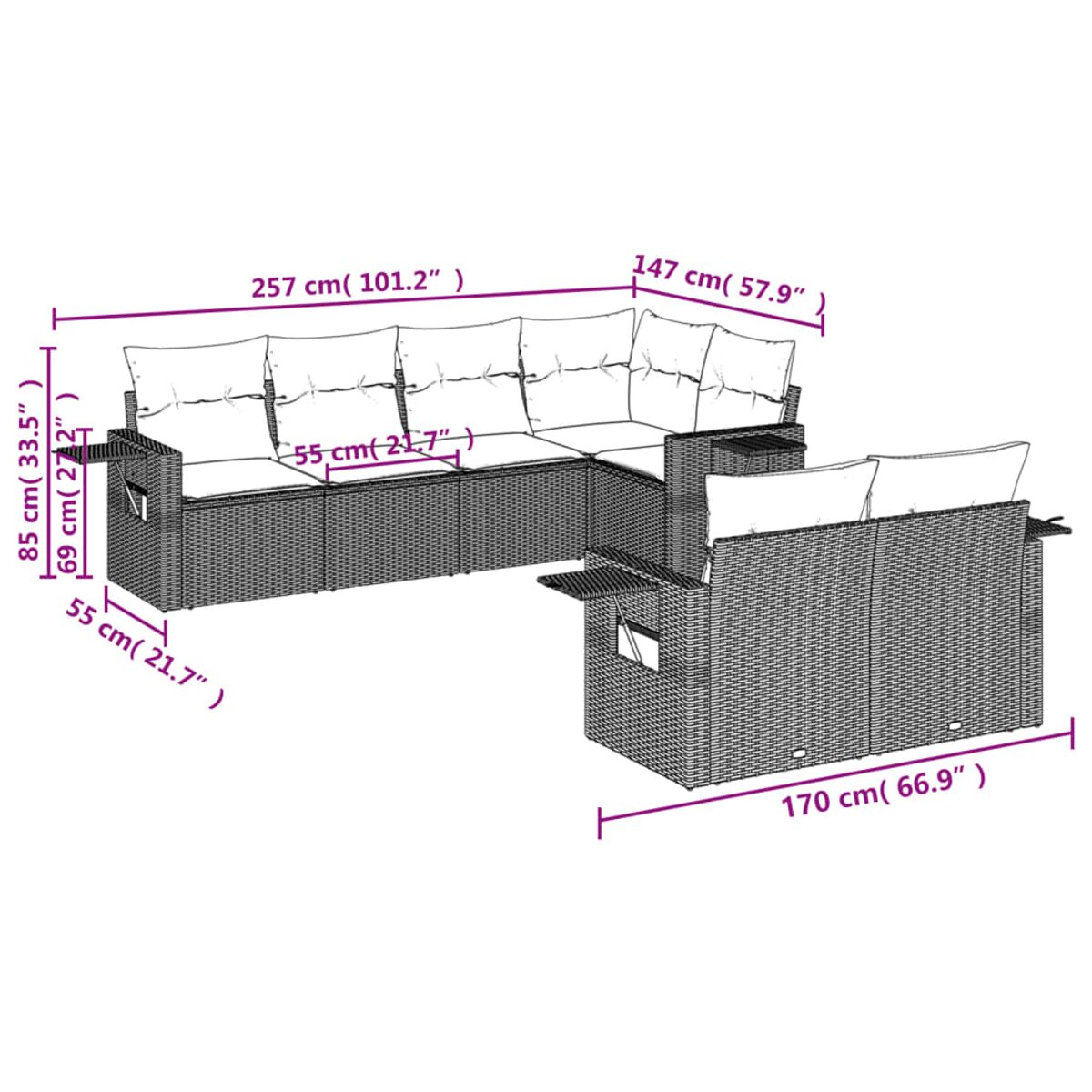 Rattan-Ecksofa mit grauen Kissen, bemaßt, auf weißem Hintergrund.