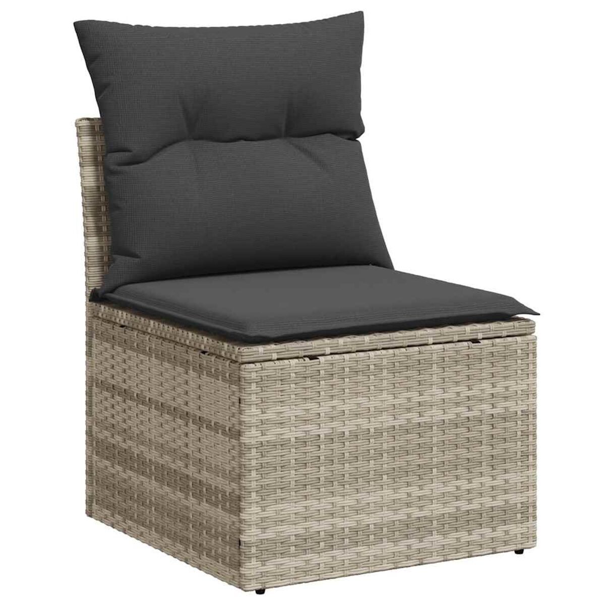 Sedia in vimini con cuscino grigio e grande cuscino sullo schienale. Colore marrone chiaro.