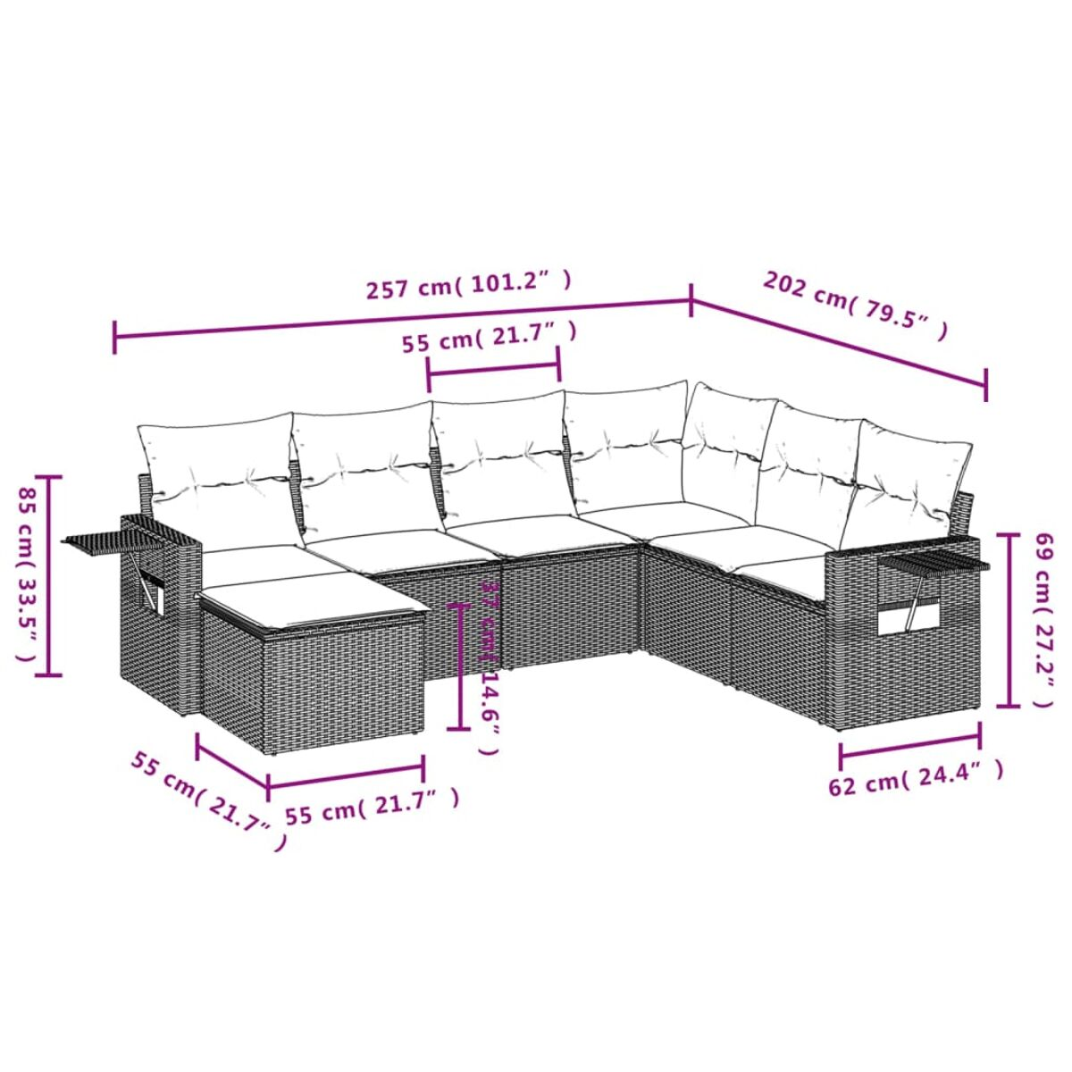 Geflochtenes Ecksofa-Set mit Maßen. Enthält Eckteil und Beistelltische.