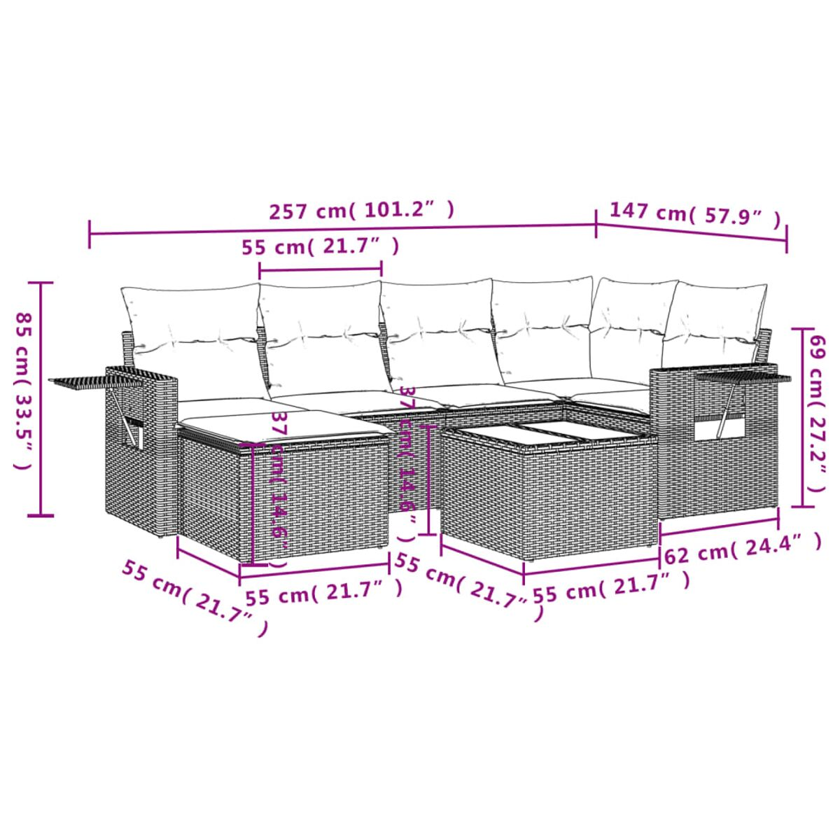 Diagramma con le misure di un set di divani componibili da esterno, dimensioni in cm e pollici.