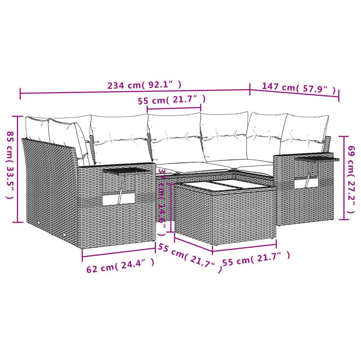 Diagramma di un divano componibile con dimensioni etichettate in centimetri e pollici.