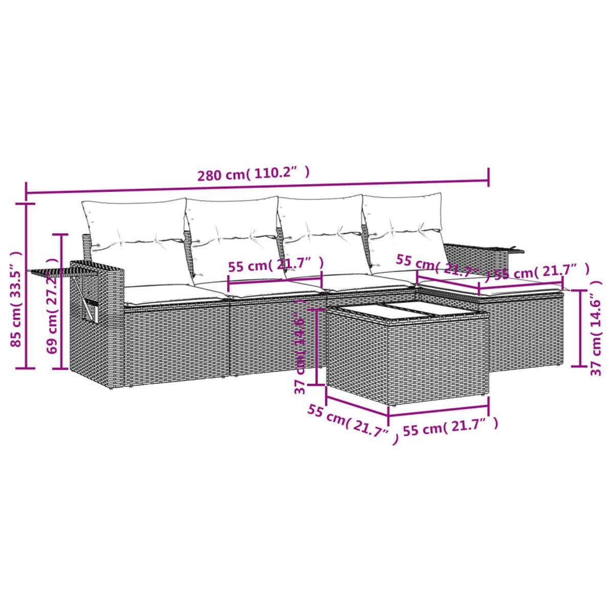 Diagramma di un set di mobili da esterno in rattan con dimensioni in centimetri. Sfondo bianco.