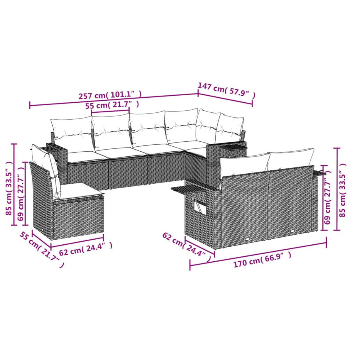 Diagramm eines modularen Outdoor-Sofas mit Abmessungen. Braunes Korbgeflecht. Beige Kissen. Abmessungen in cm und Zoll.