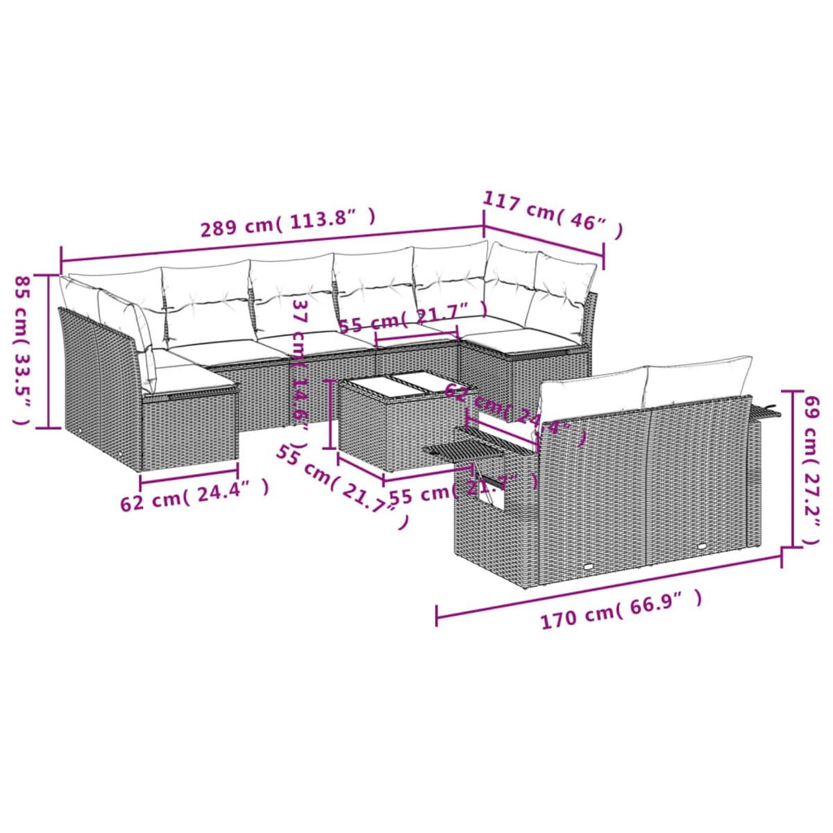 Outdoor-Ecksofa mit Maßangaben auf weißem Hintergrund.
