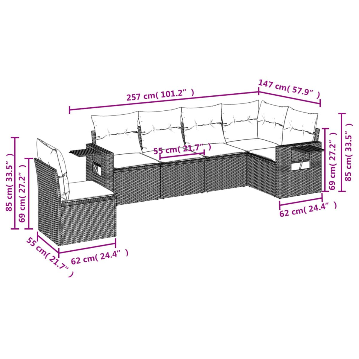 Diagramm eines grauen Ecksofas aus Korbgeflecht mit einem zusätzlichen Stuhl. Maße in cm.