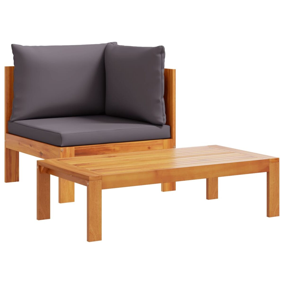 Ecksofa aus Holz für den Außenbereich mit passendem Couchtisch, beide mit dunkelgrauen Kissen.