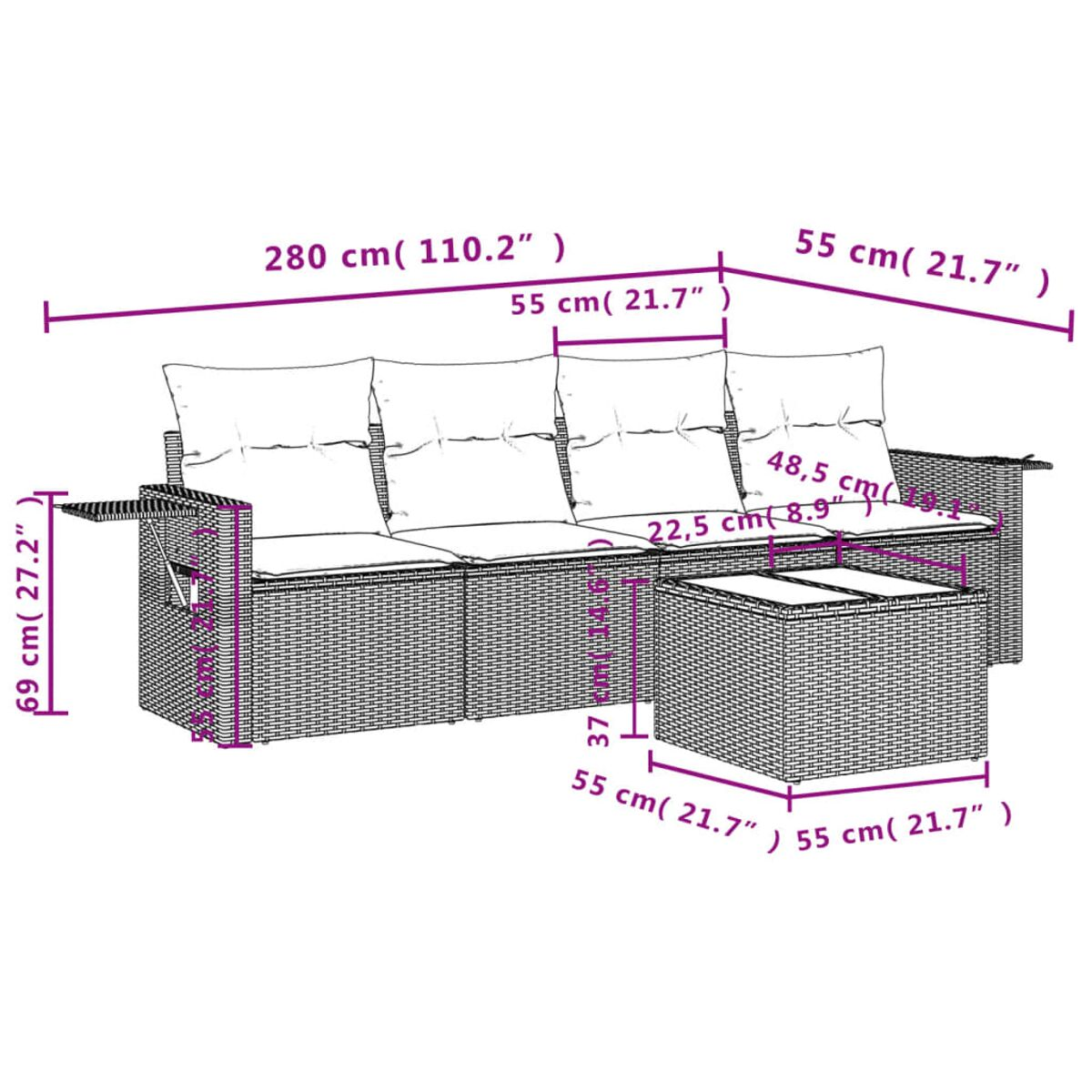 Diagramm eines Rattan-Sofasets mit Abmessungen in Zentimetern und Zoll.