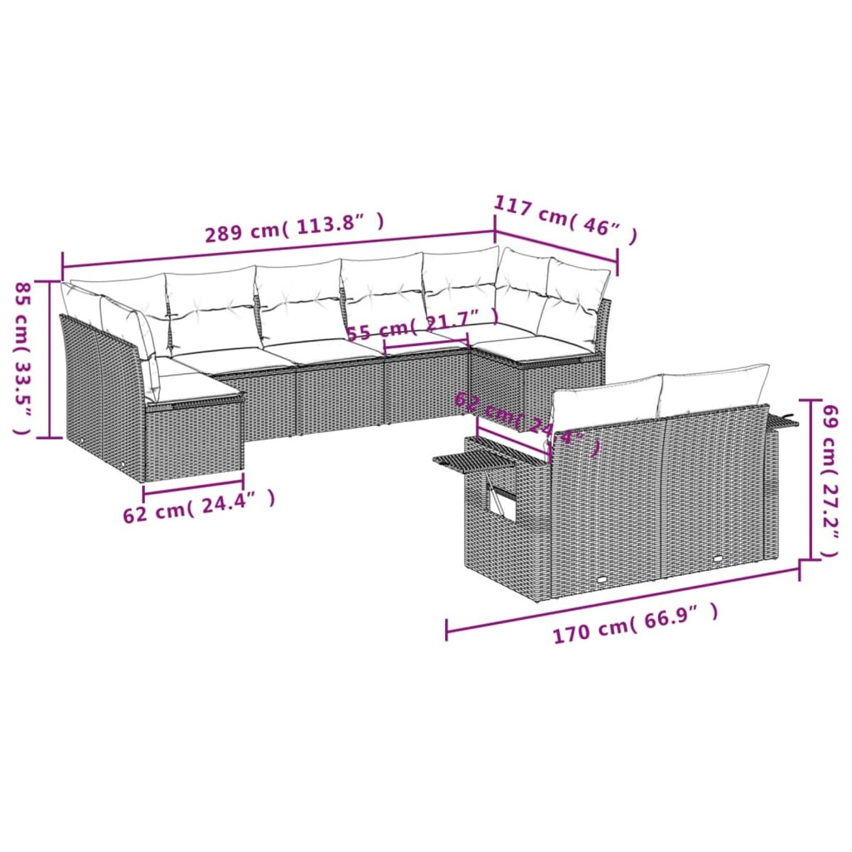 Diagramm eines Outdoor-Ecksofas mit Maßen und Abmessungen.