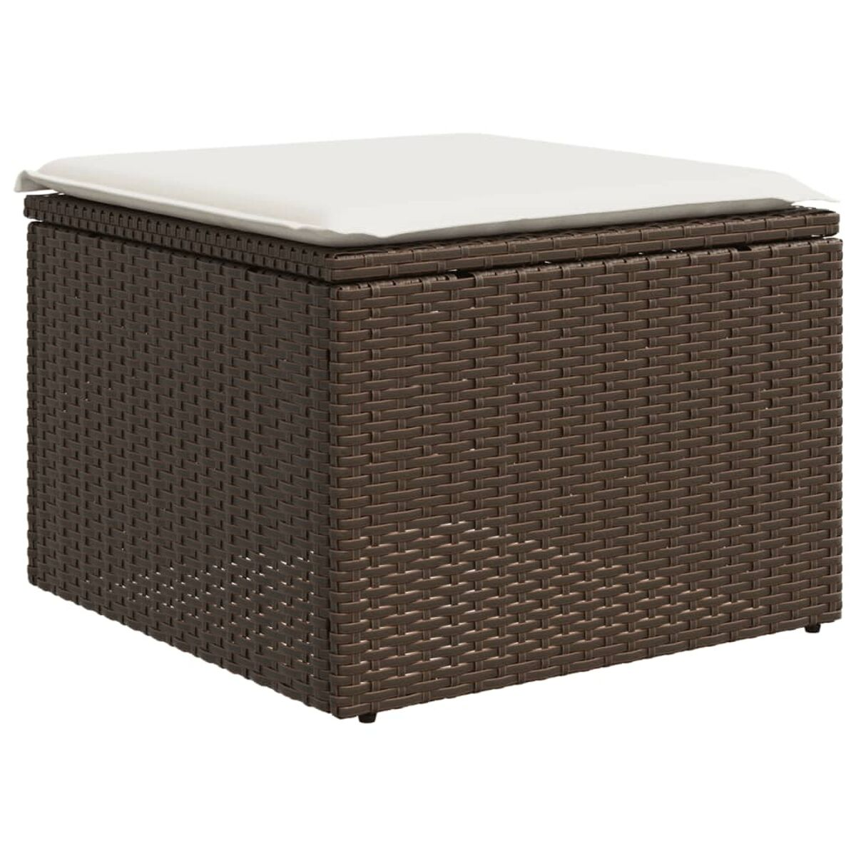 Pouf contenitore in rattan marrone con cuscino bianco.
