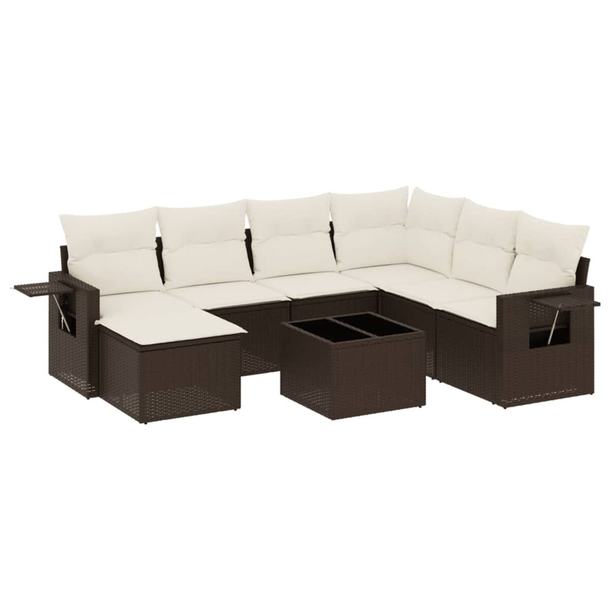 Divano a U in rattan marrone scuro con cuscini color crema e tavolo quadrato.