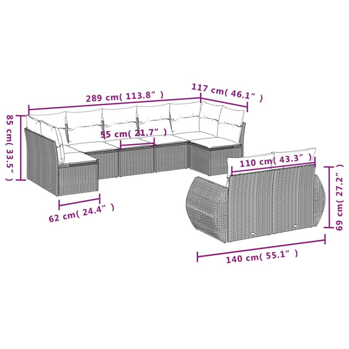 Diagramma di un divano componibile con dimensioni in cm e pollici. Sfondo bianco.