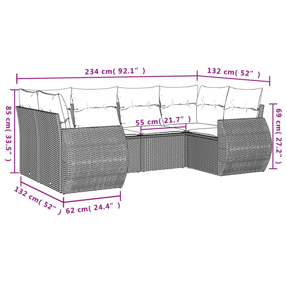 Abmessungen eines U-förmigen Outdoor-Sofas aus Korbgeflecht mit Kissen. Weißer Hintergrund, Maße sichtbar.