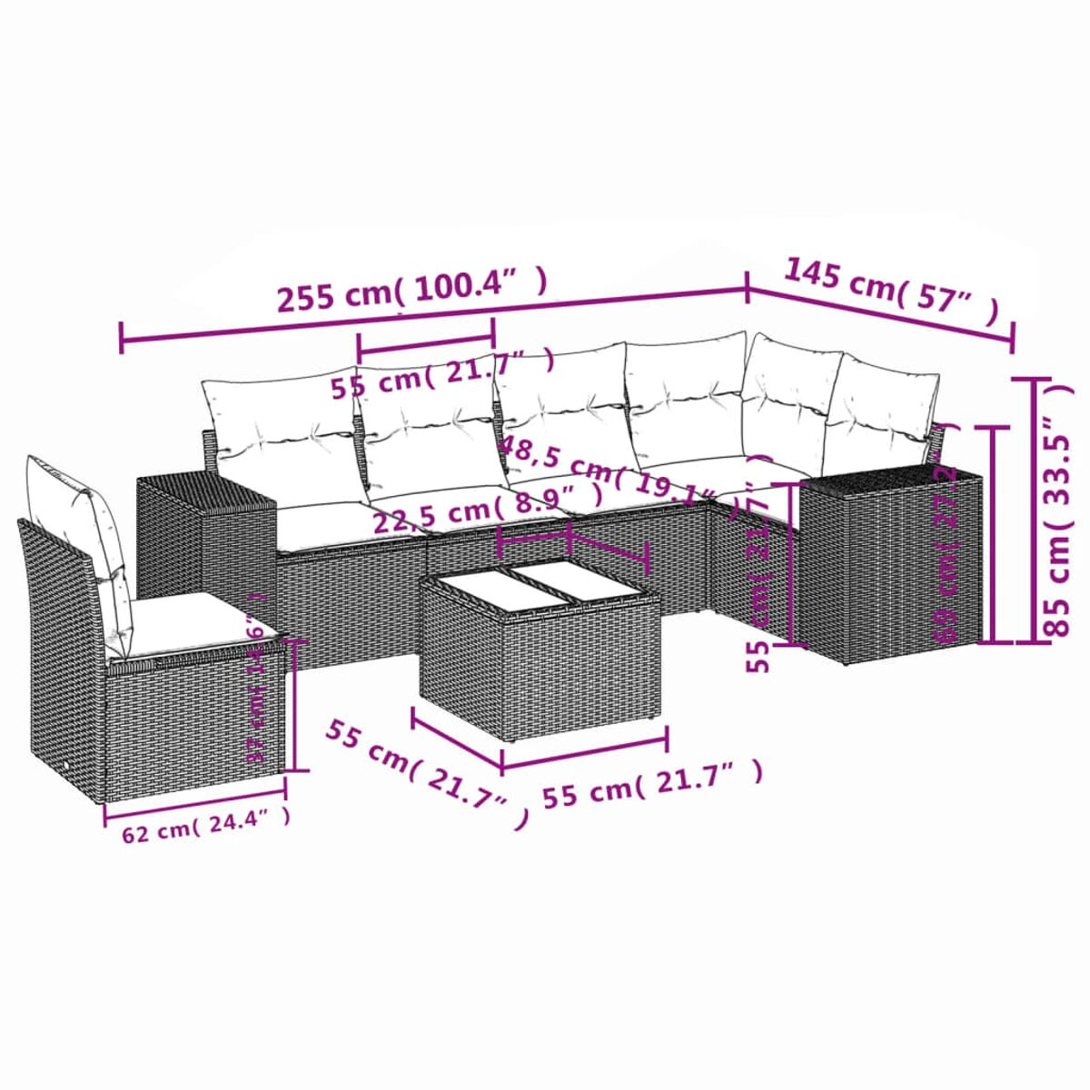 Vista isometrica del set di mobili da patio con dimensioni. Vimini marrone con cuscini beige, incluso un tavolo.