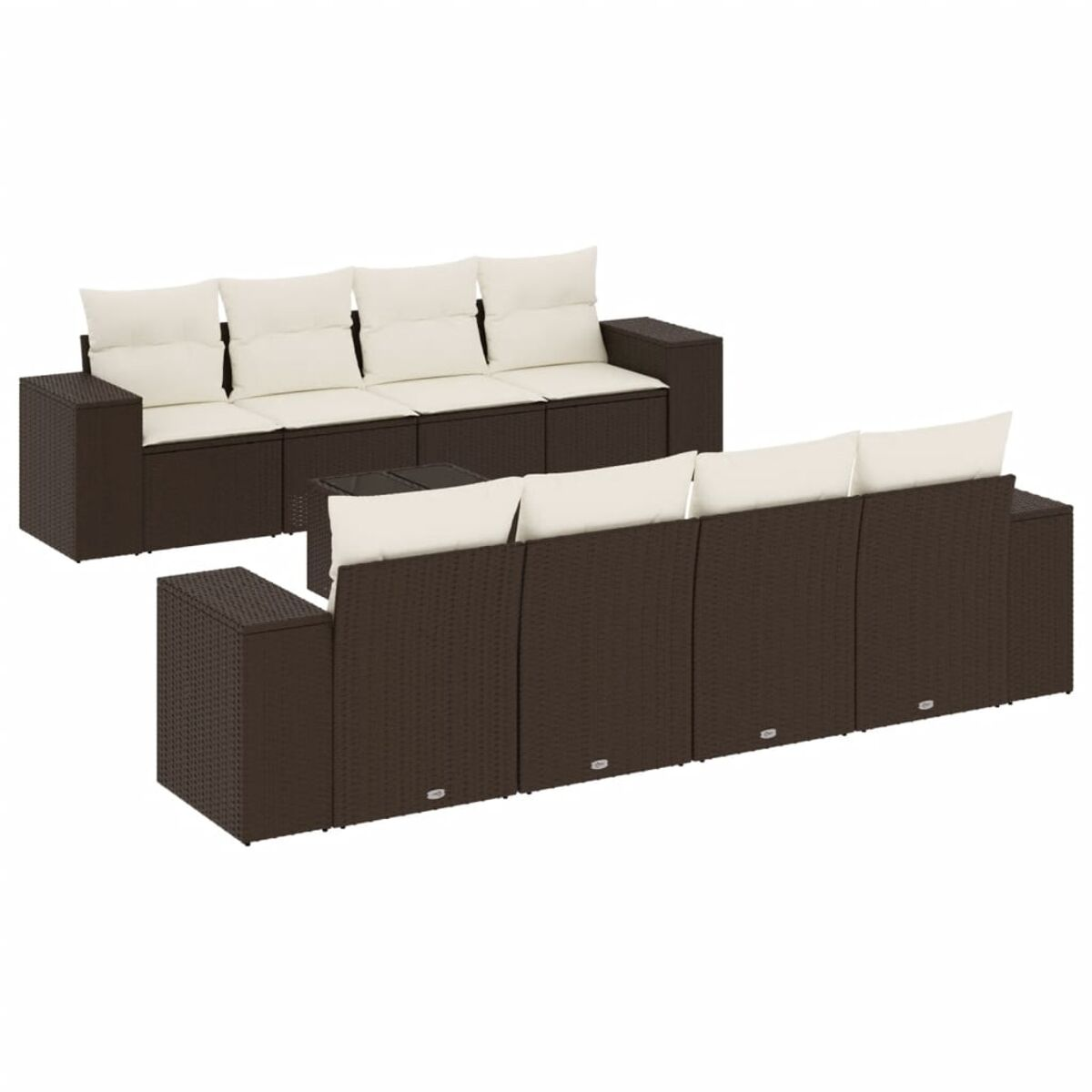 Set divani da esterno in vimini marrone con cuscini color crema e tavolino. Due set.