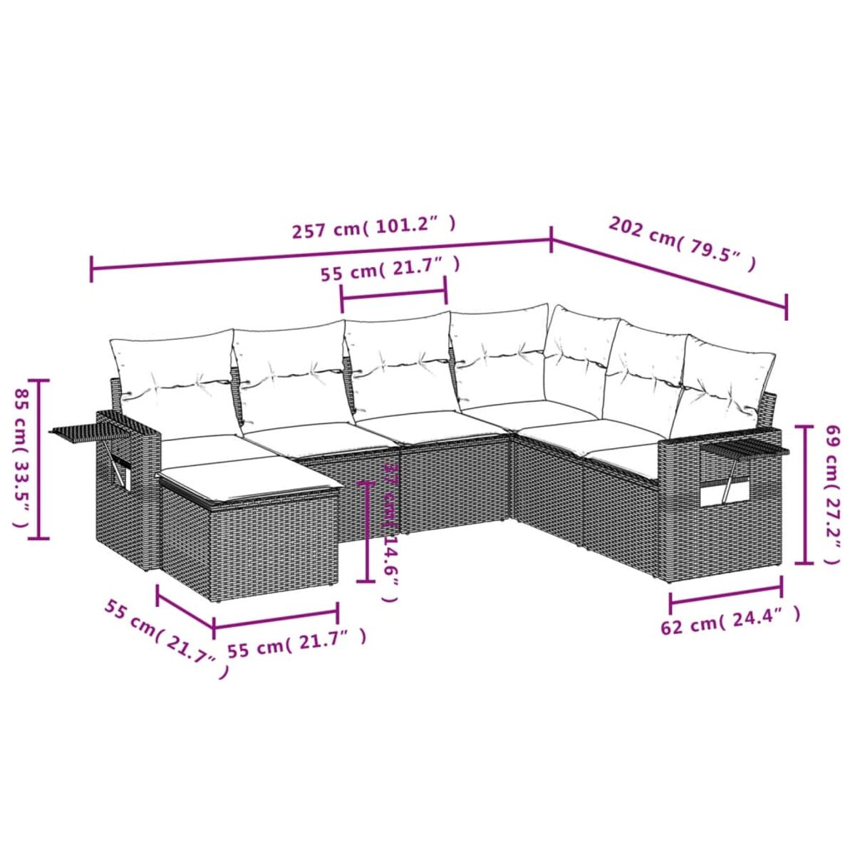 Diagramm eines Outdoor-Rattansofa-Sets. Die Abmessungen sind in cm und Zoll angegeben. Der Grundriss ist in einem Innenhof.