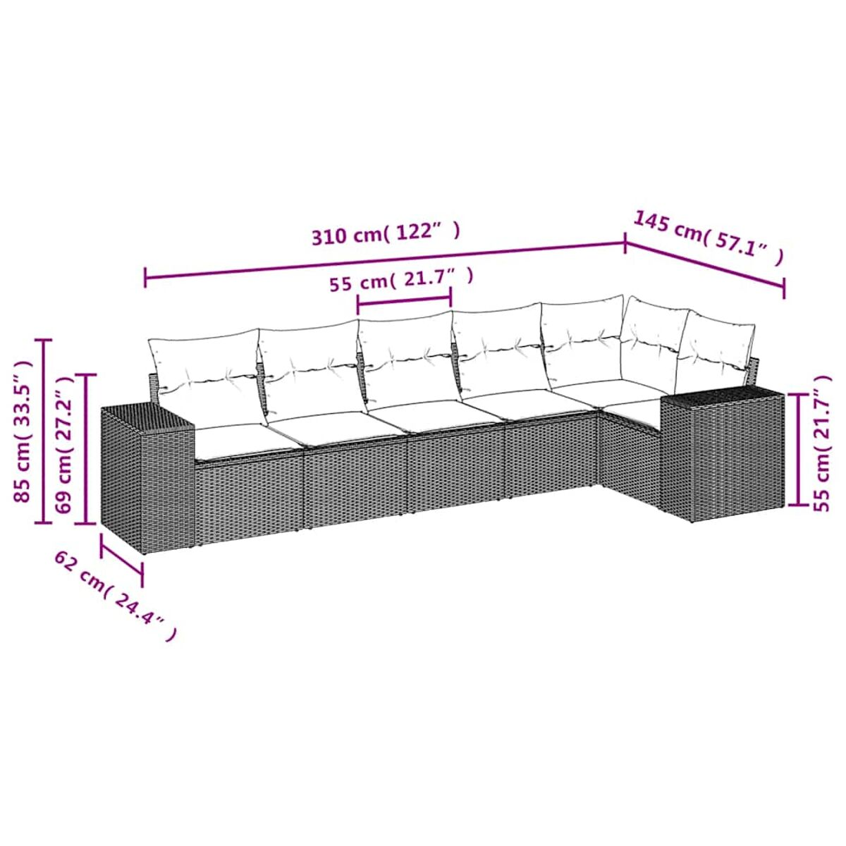 Diagramma di un set di mobili da esterno in rattan con dimensioni in centimetri. Sfondo bianco.