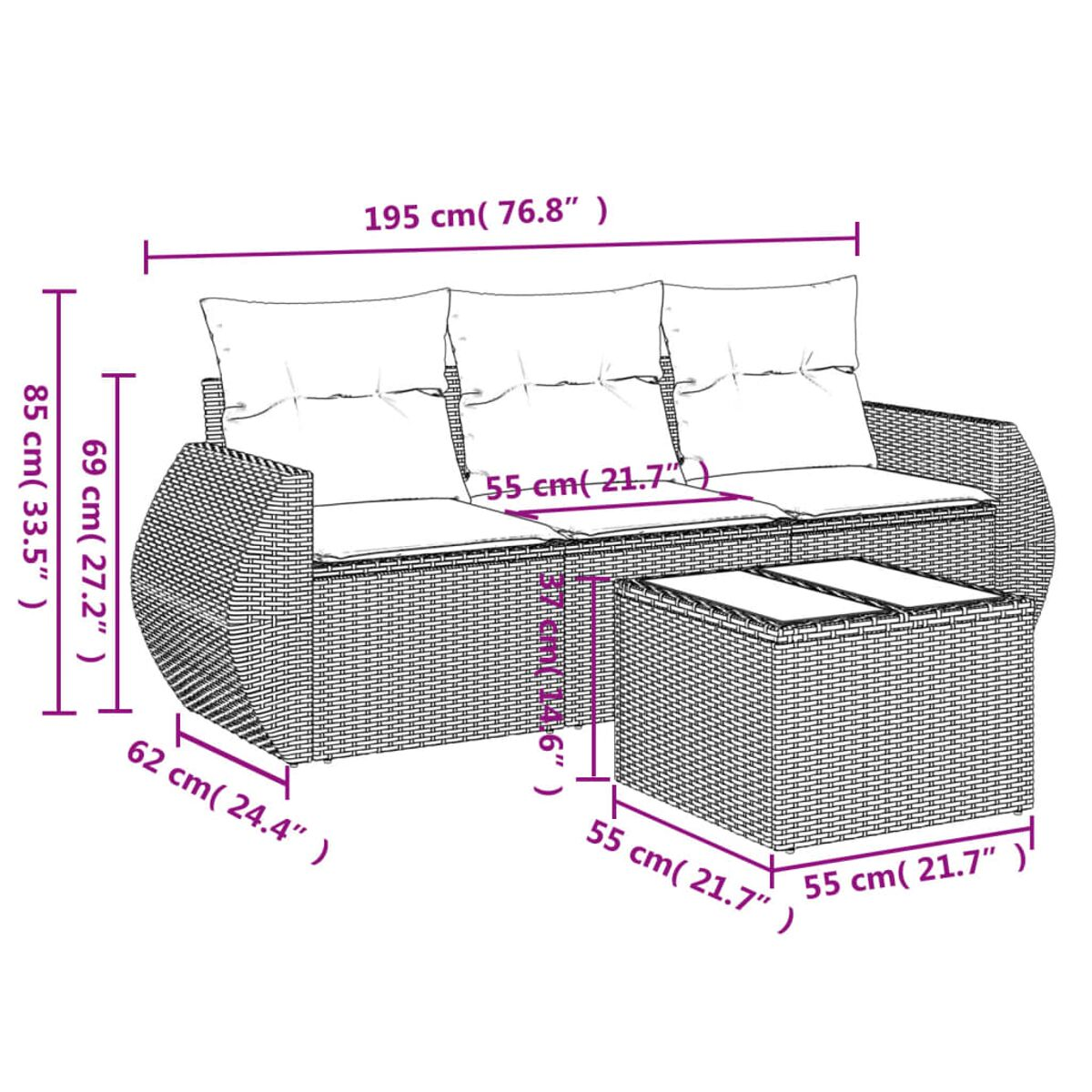 Diagramm eines dreisitzigen Outdoor-Wicker-Sofas mit Maßen in cm und Zoll. Zeigt das Profil des Sofas.