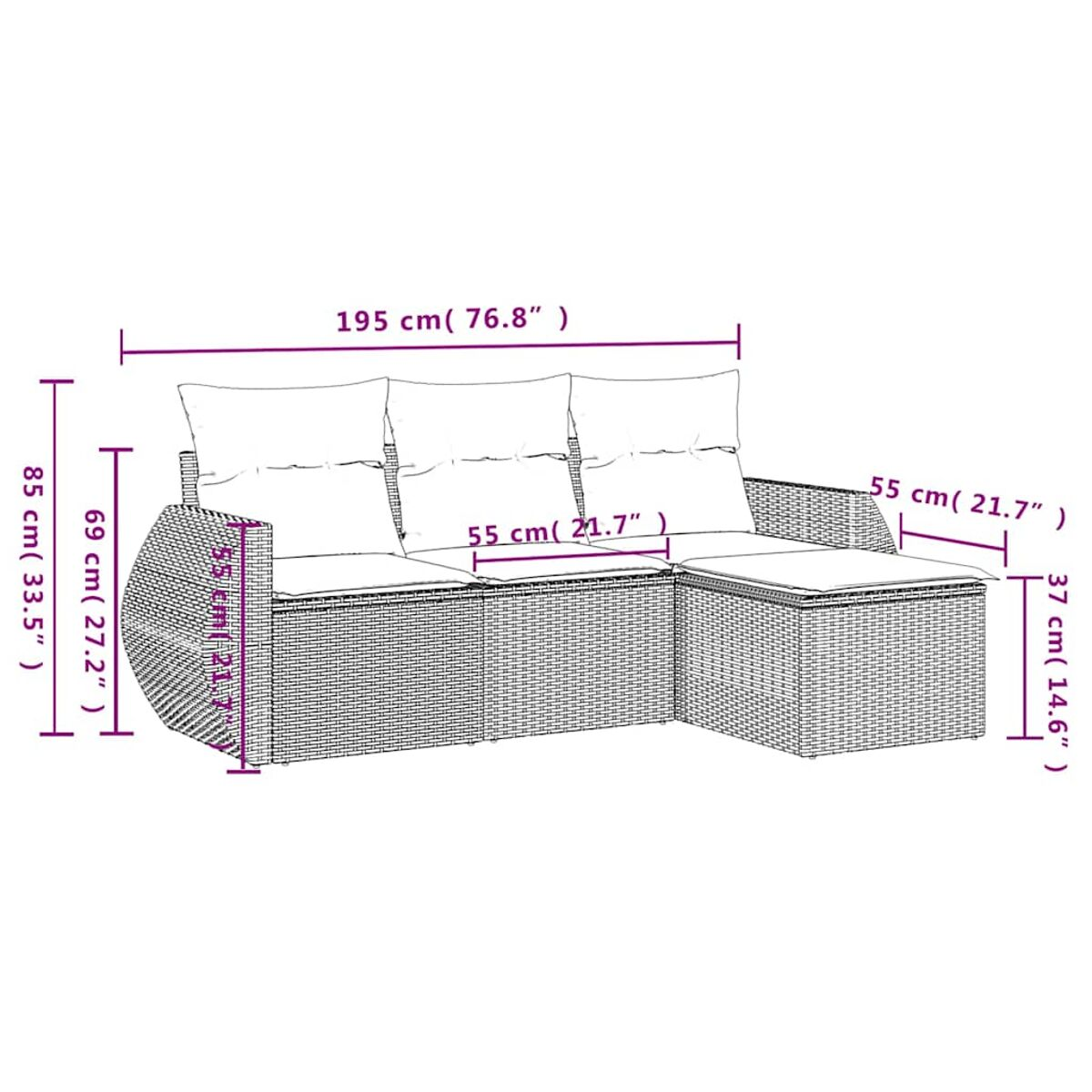 Rattan-Ecksofa mit weißen Kissen, bemaßt, auf weißem Hintergrund.