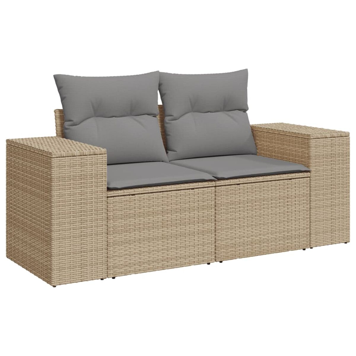 Beige Korbliege mit grauen Kissen, auf weißem Hintergrund.