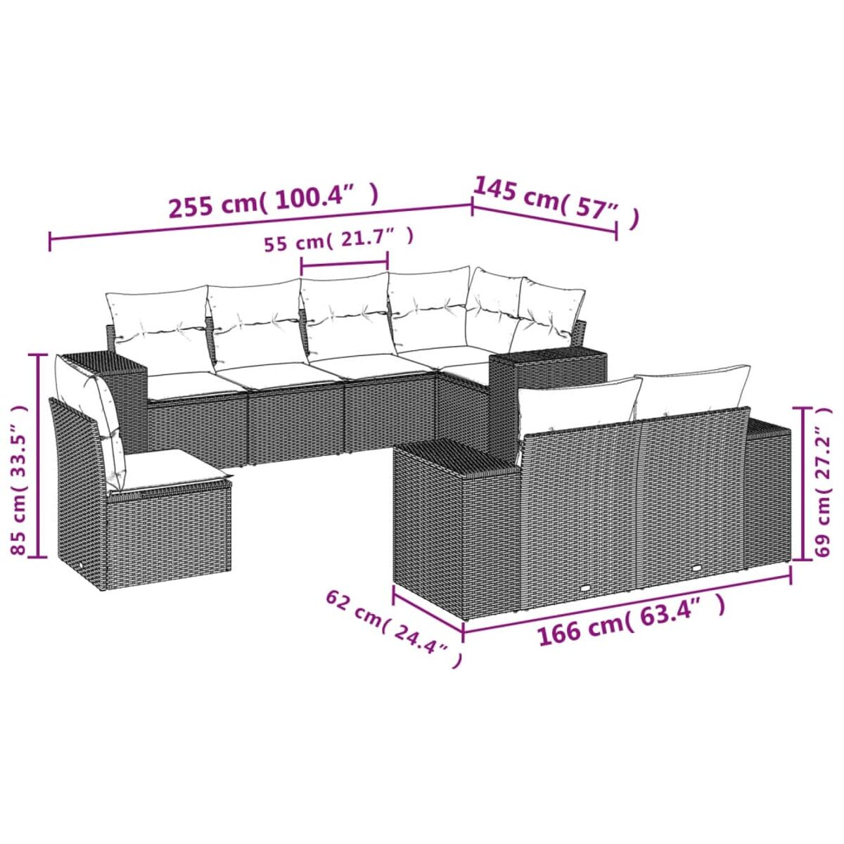 Schema di una grande disposizione di divani per esterni. Dimensioni e misure sono etichettate in centimetri.