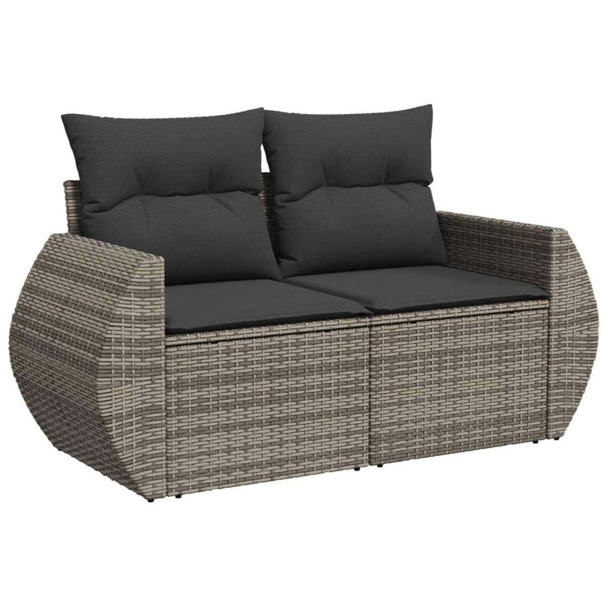 Zweisitzer-Sofa mit grauen Kissen und gewebter Basis auf weißem Hintergrund.