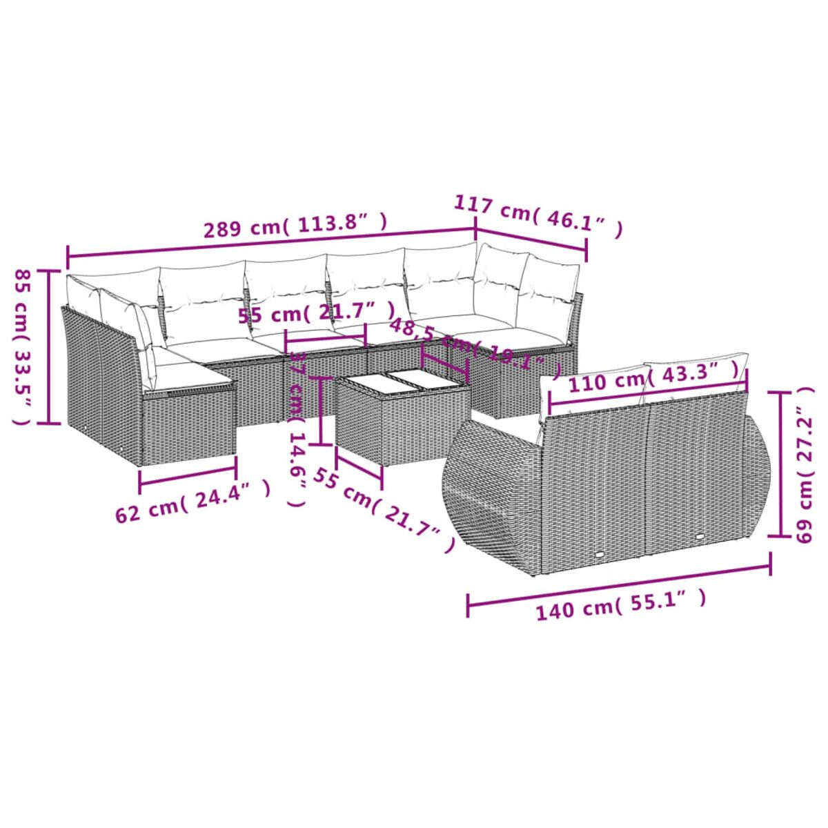 Diagramm eines modularen Outdoor-Sofas mit Abmessungen. Braunes Korbgeflecht. Beige Kissen. Abmessungen in cm und Zoll.