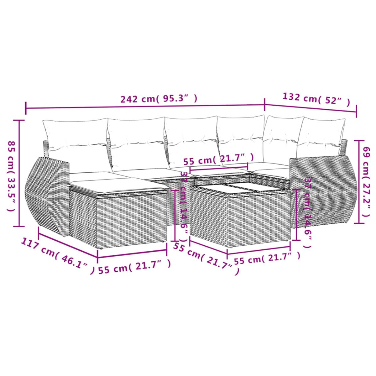 Diagramm eines schwarzen Ecksofas aus Korbgeflecht mit Abmessungen in cm. Das Sofa steht auf weißem Grund.