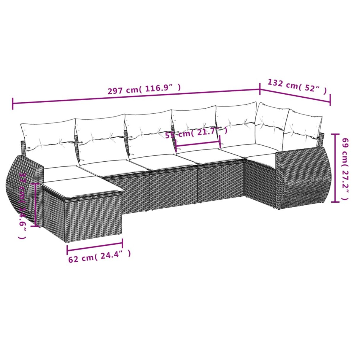 Un divano componibile in rattan con dimensioni. Ha cuscini bianchi. Presenta un design curvo.