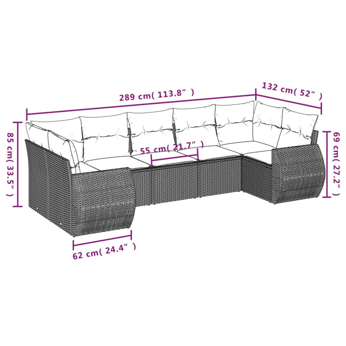 Diagramm eines Outdoor-Korbsessel-Sets mit Abmessungen in Zentimetern und Zoll.