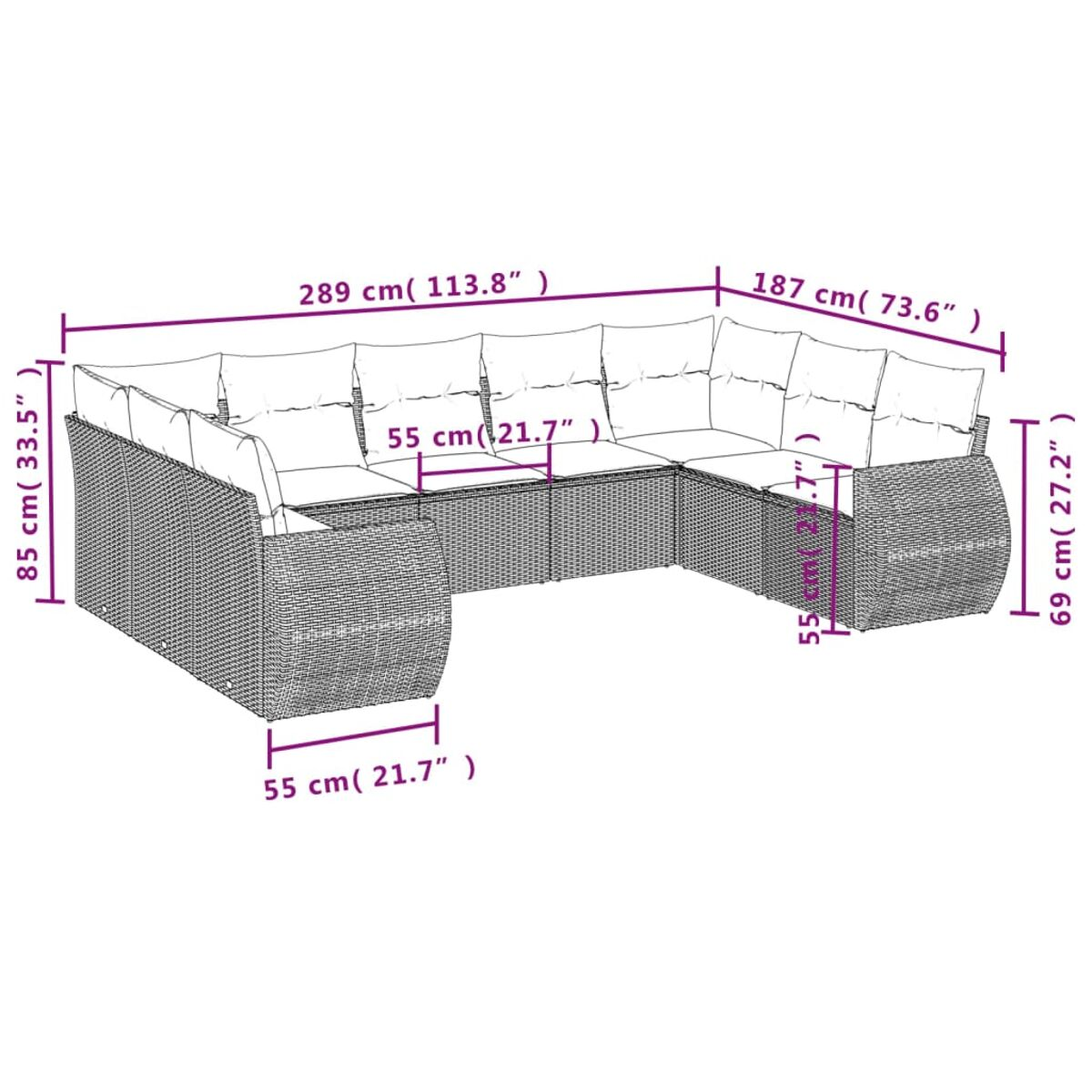 Graue Outdoor-Korbsessel-Eckcouch mit Messungen, Abmessungen in Zentimetern und Zoll.