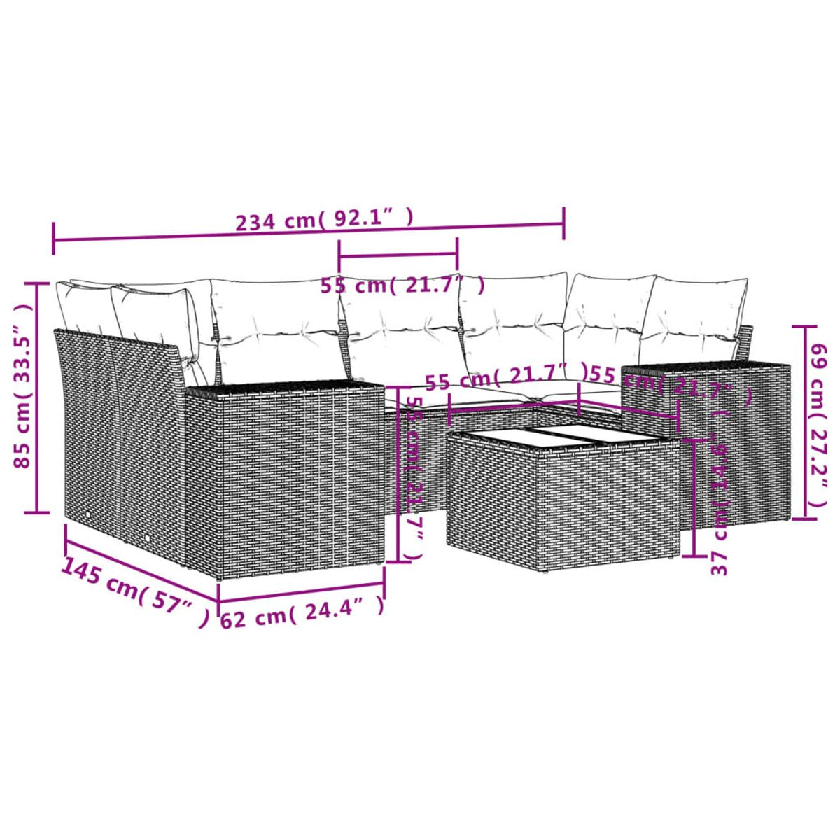 Diagramm eines Ecksofas mit Abmessungen: 234 cm breit, 145 cm tief und 85 cm hoch.