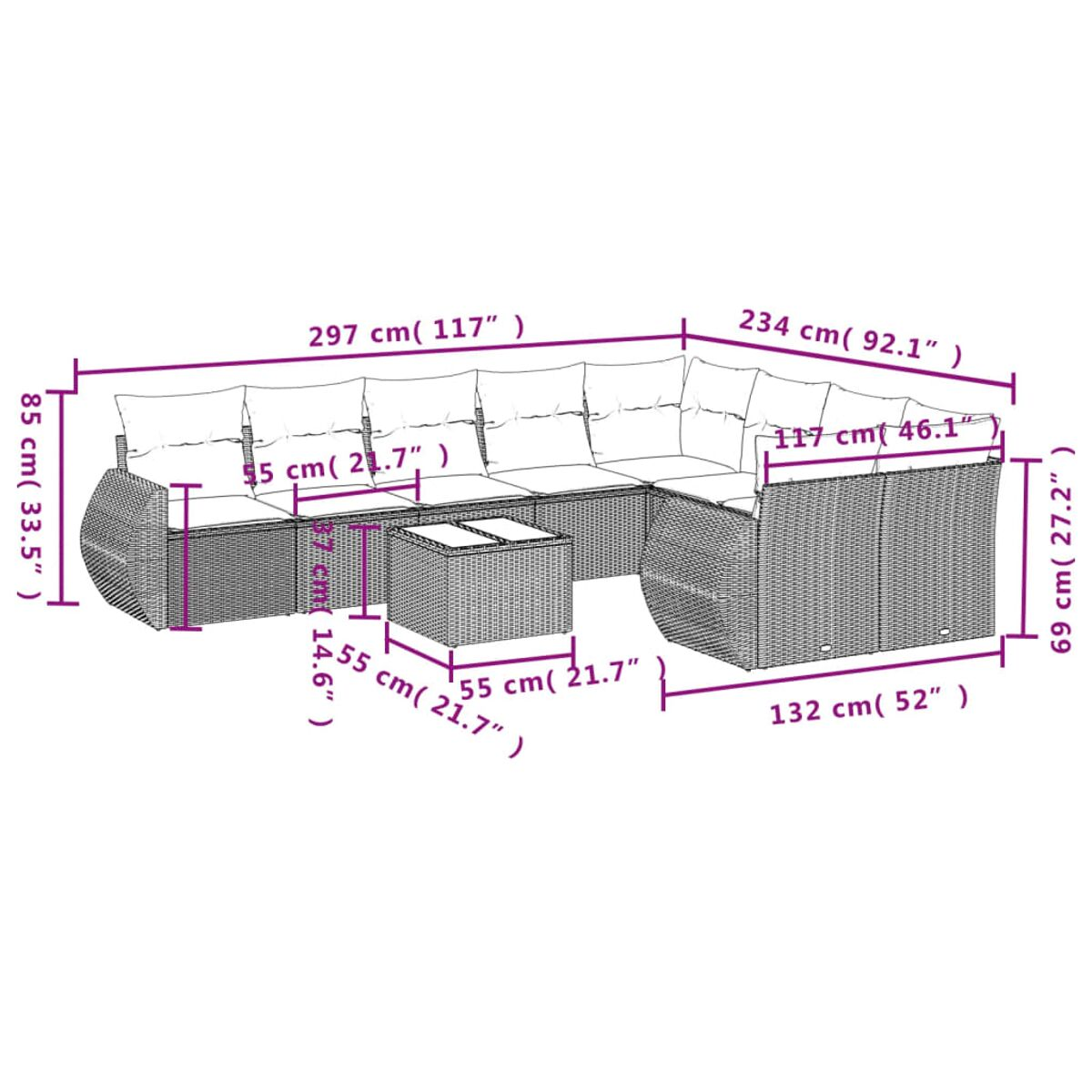 Diagramma di un ampio divano componibile con dimensioni.