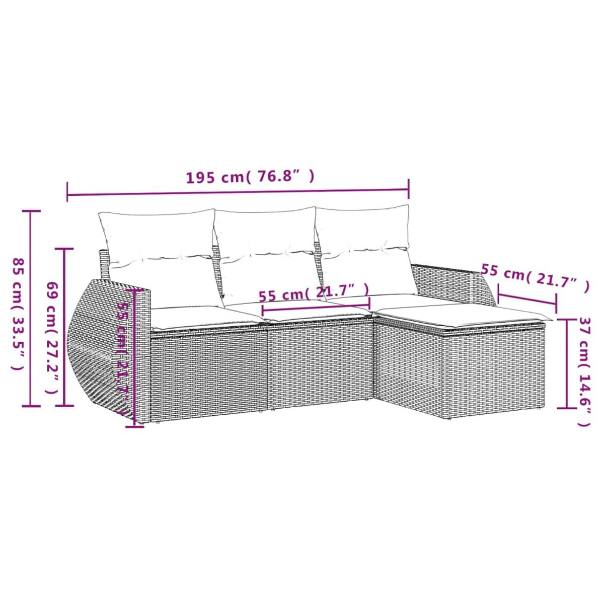 Diagramma di un divano in vimini con dimensioni in cm e pollici.