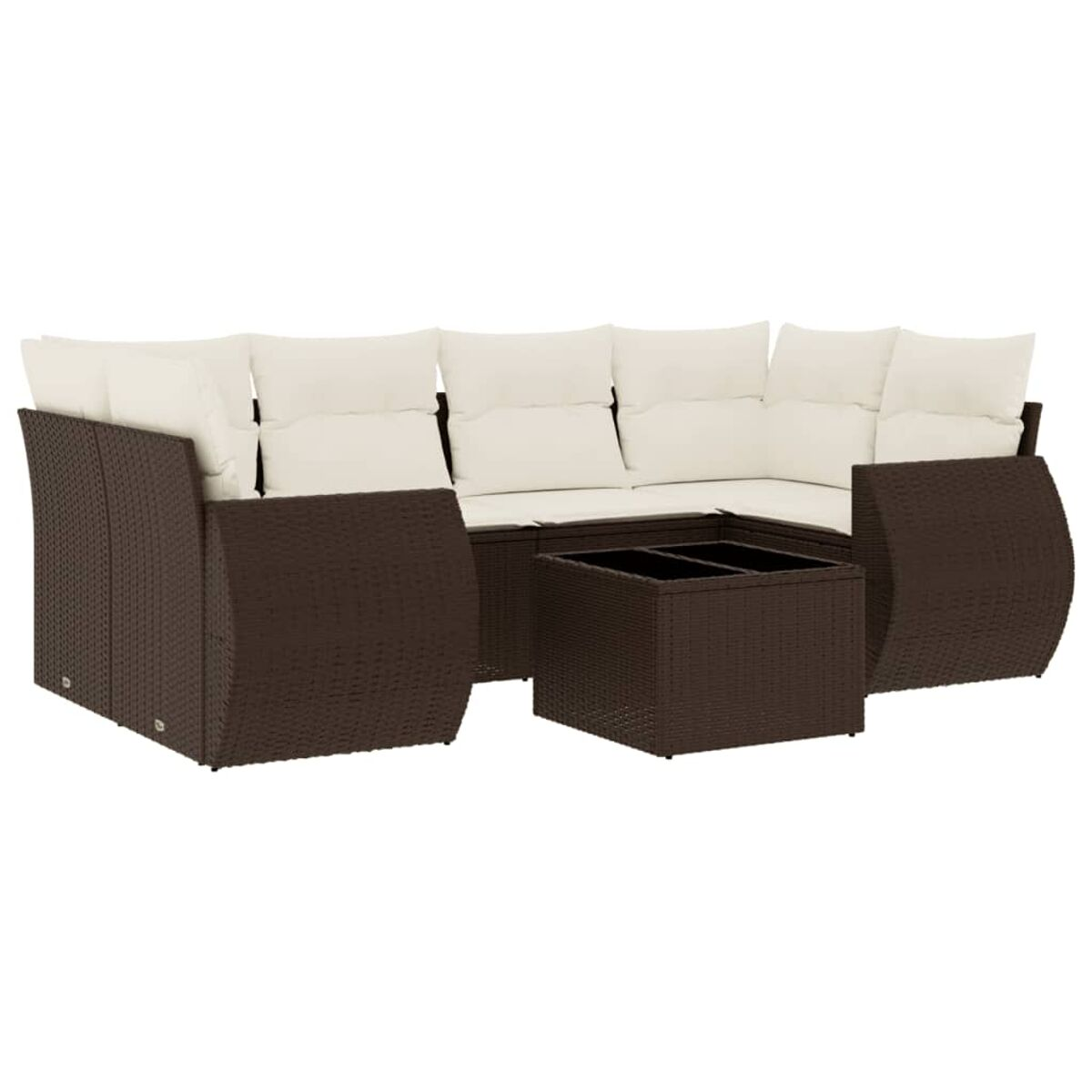 Divano componibile in rattan marrone con cuscini bianchi e tavolino quadrato. Sfondo bianco.