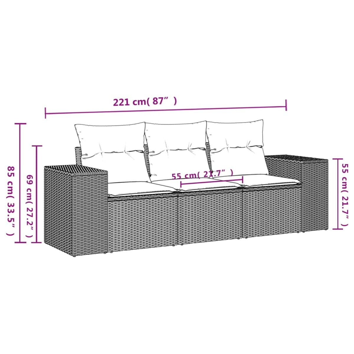 Disegno al tratto di un divano in rattan marrone con dimensioni in cm e pollici.
