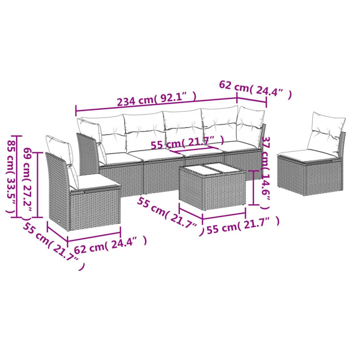 Diagramm eines Korbmöbelsets für den Außenbereich, einschließlich Sofa, Stühlen und Tisch. Abmessungen in cm und Zoll.