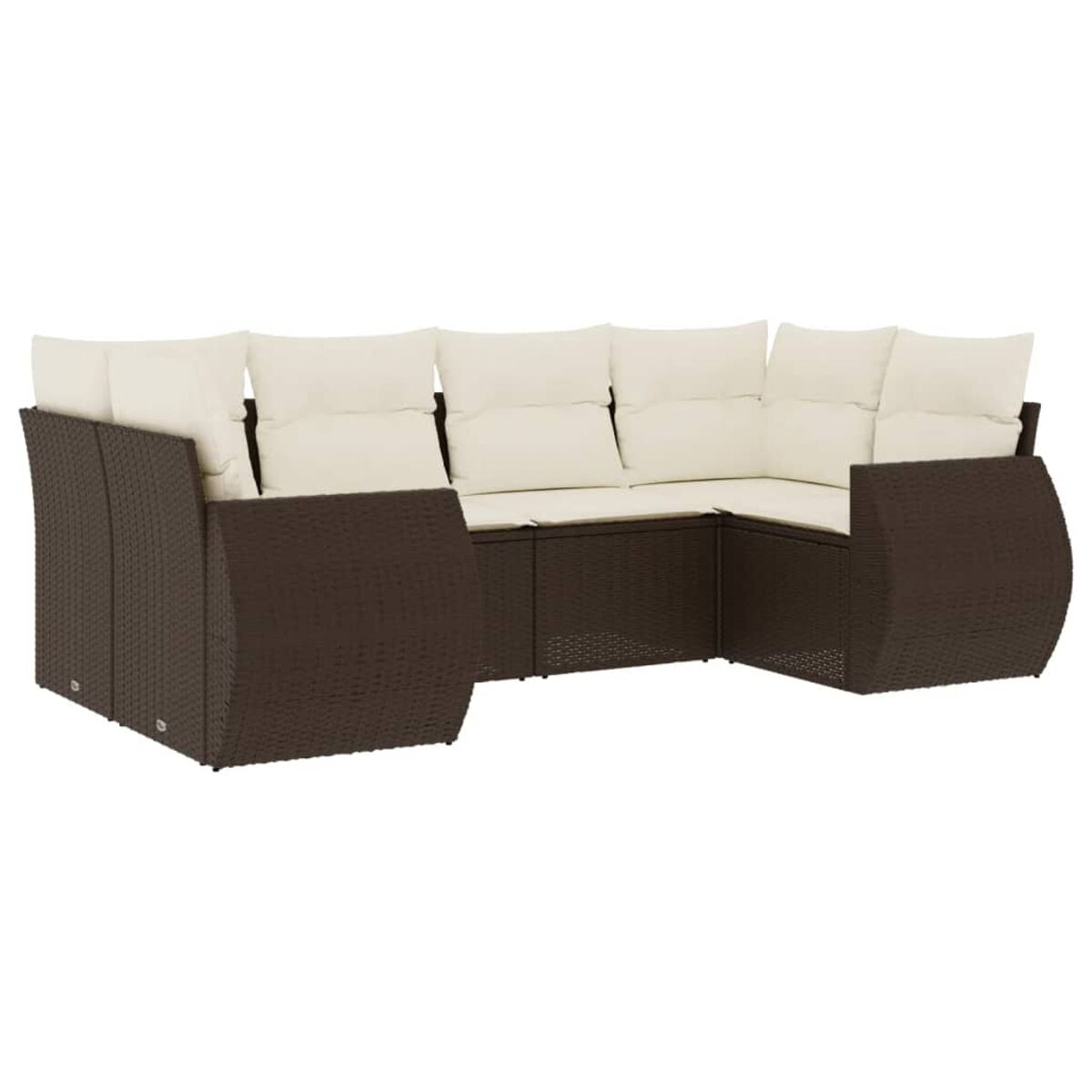 Divano angolare in vimini marrone con cuscini color crema. Design a U.