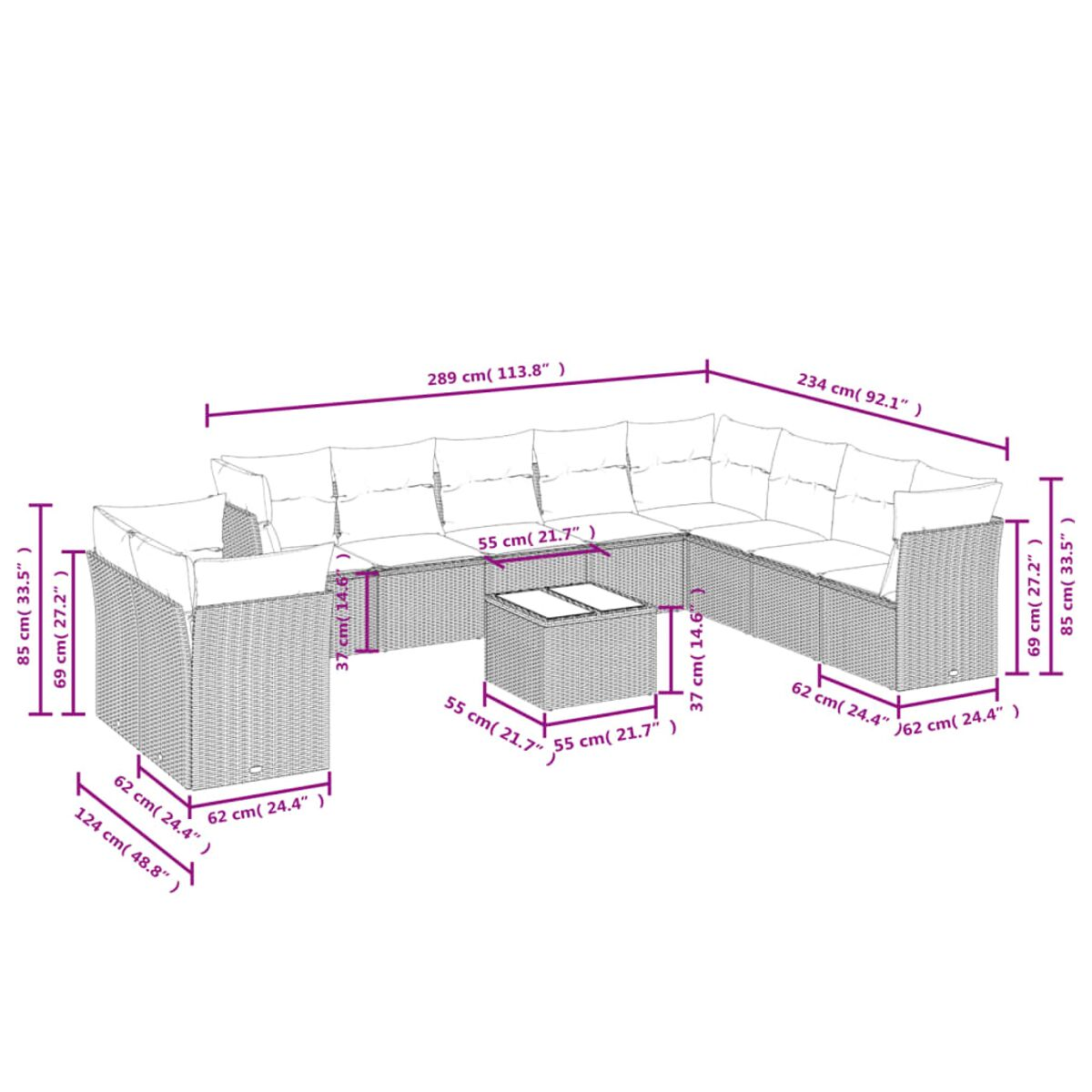 Diagramma di un set di mobili da esterno in rattan con dimensioni in centimetri. Sfondo bianco.