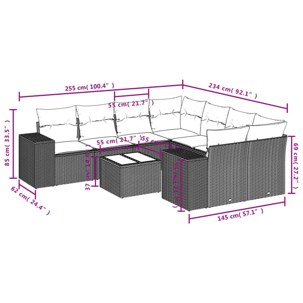 Diagramm der schwarzen Outdoor-Bestuhlung mit Abmessungen.