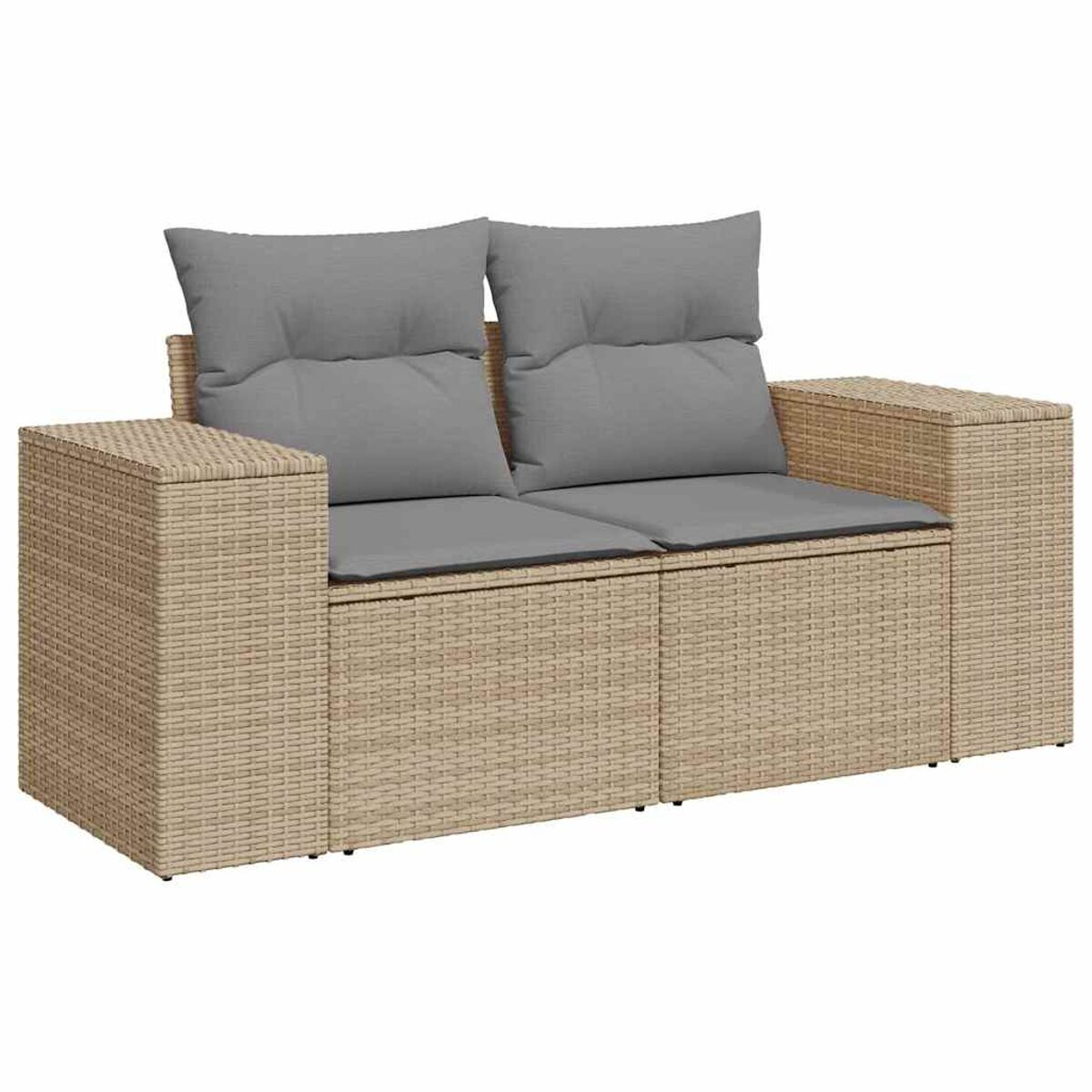 Divano a due posti, intreccio in vimini, beige. Cuscini grigi su sedute e schienali.